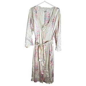 Pink K Plus Size 1X Floral Satin Robe & Nightgown Set Pastel Rose Lace Lingerie